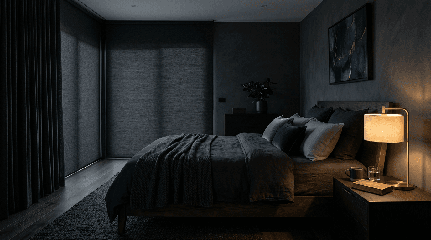Bedroom at dusk with blackout blinds lowered